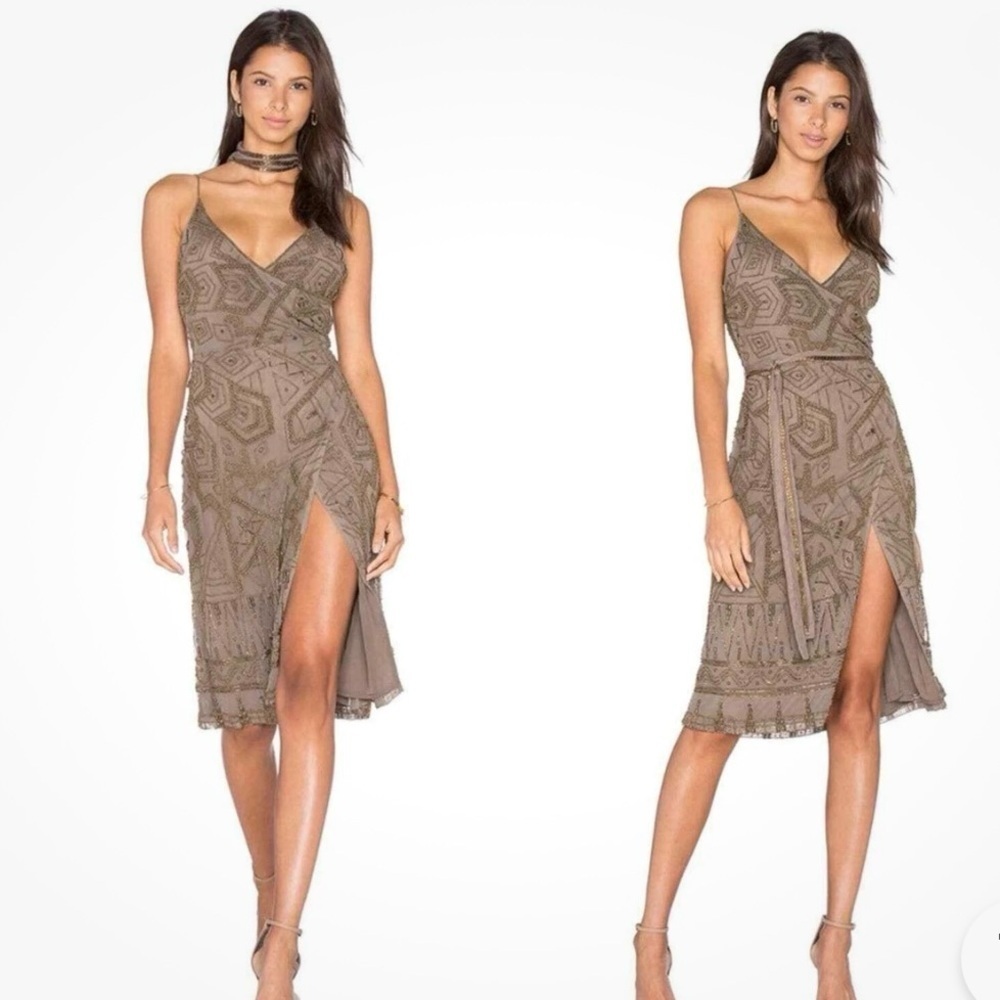 MAJORELLE Brown Slip Dress Spaghetti Strap Plunge